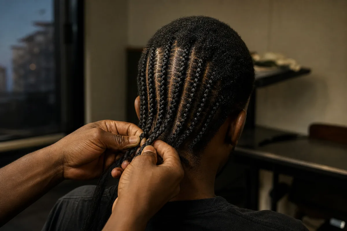 Homme aux cheveux crépus courts pendant la pose de nattes collées rectilignes vers l&rsquo;arrière