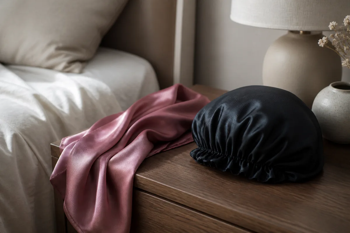 Foulard en satin posé sur une table de nuit à côté d&rsquo;un bonnet de protection sombre