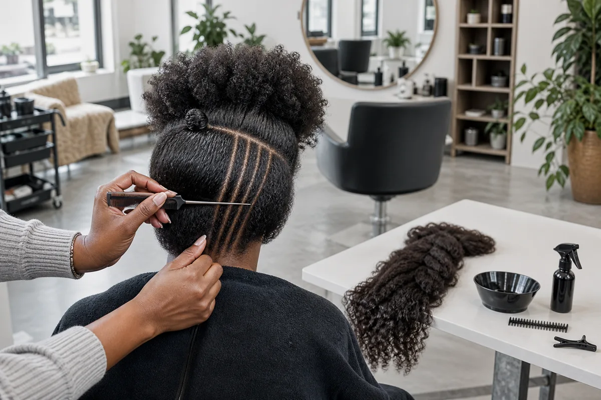 Détail de raies fines tracées au peigne queue avant l’incorporation d’un rajout sur cheveux crépus