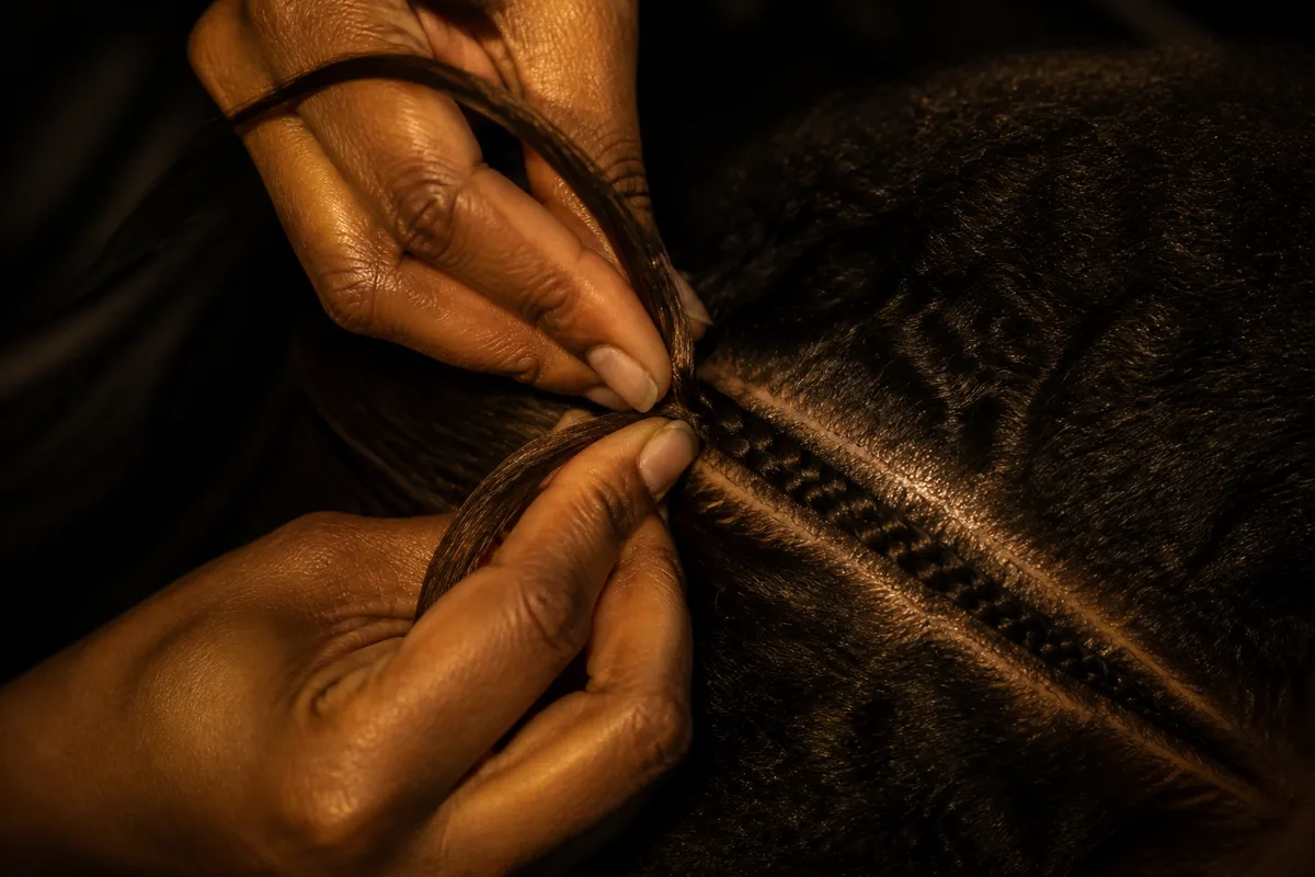 Mains d’une coiffeuse incorporant une mèche à une natte plaquée le long du crâne
