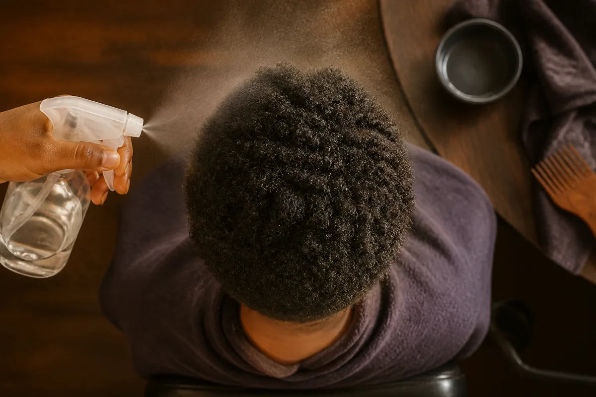 Brume hydratante vaporisée sur des cheveux crépus courts avant la mise en torsades